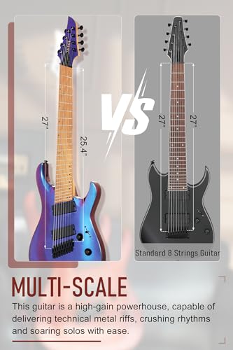 Image of AKLOT Multi-Scale 8-String Electric Guitar: Roasted Maple Neck with String-Through Bridge Electric Guitars Kit with Okoume Body, HH Pickup, Gig Bag, Strap, String Mute, Distortion Pedal, XRN-8 TB