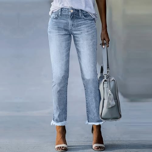 Women Boyfriend Jeans High Waist Stretchy Ripped Jeans Trendy Raw Hem Straight Leg Jean Distressed Denim Pants2