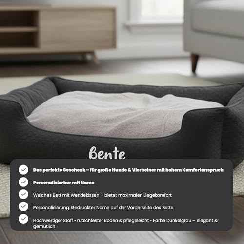 Mainely Personalisierbares Hundebett Fahra Rechteckig 100×80×25 cm (L) Dunkelgrau – weiches Bett mit Wendekissen & Rutschfester Unterseite – für große Hunde – personalisiert mit Namen – Petslino