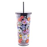 Vera Bradley Travel Tumbler with Lid and Straw, 24 Ounce Insulated Cup, Plastic Double Wall Tumbler, Daisy Fields Bright