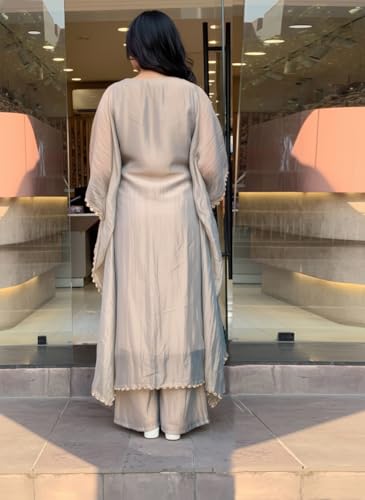 Image of GoSriKi Fendy Glass Embroidered A-Line Kurta with Palazzo for Women | Fendy Glass Grey | Kaftan Sleeve | Round Neck | Ethnic Wear Casual Wear