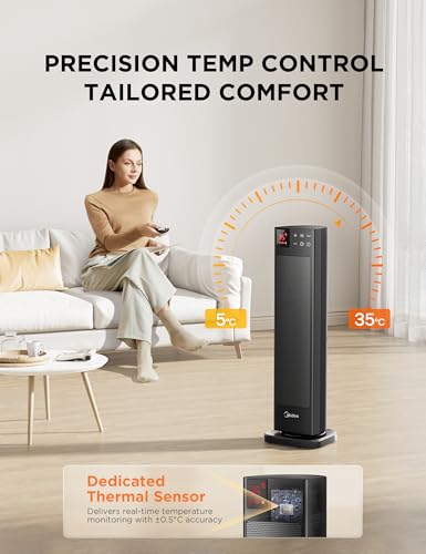 Midea MTH201ERB Electric Heater, 2000W Ceramic Space Heater with Thermostat and Remote Control, 23 Inch, 3 Modes 24H Timer, Overheat & Tip Over Protection, Instant Heat for Office Bedroom Home