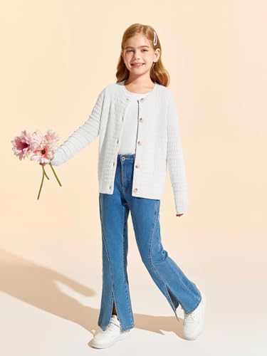 Image of Haloumoning Girls Button Down Cardigan Jackets Kids Long Sleeve Cable Knit Sweaters 5-14 Years