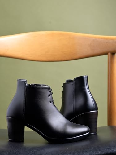 Image of Shoetopia Women's Black Leather Ankle Booties with Block Heel and Lace-Up Closure - Stylish Mid-Heel Dress Boots for Office & Casual