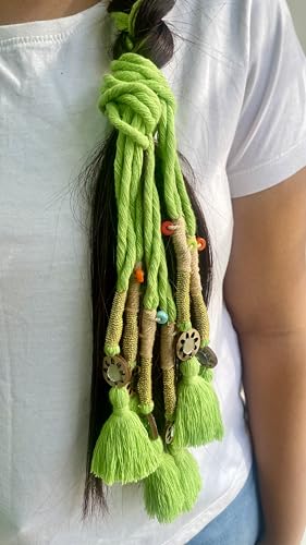 Image of Zippy Flora Neelima Parandi (Parrot Green) | Traditional Boho Handmade Paranda Hair Accessory with Braid Tassels | Women's Ethnic Hair Extension for Choti, Braids & Patiala Shahi Hairstyles