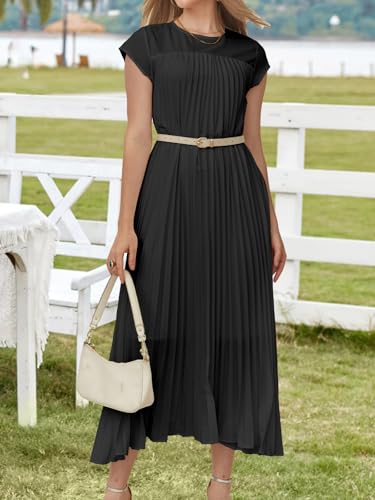 Women's Church Pleated Maxi Dress 2025 Summer Cap Sleeve Maternity Modest Flowy Dresses with Pockets4