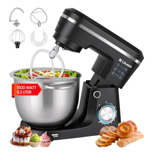 LLIVEKIT Batidora Amasadora 1500 W, Robot Cocina con Bol 5,2 L, Amasadora Pan y Reposteria, Batidora Multifuncional con Accesorios para Batir y Amasar, 10 Velocidades + Función Pulso, Bajo Ruido