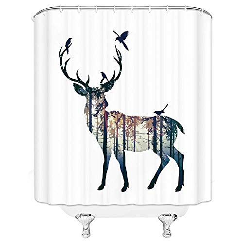 Deer Shower Curtain Wild Animal Elk Bird Pine Tree Foggy Forest Nature Hunting Silhouette Modern Cabin Minimalist Artistic Fabric Polyester Bathroom Decor With Hooks(70" Wx70 H) #TOP1