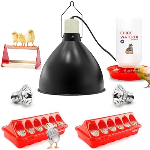 Chick Heat Lamp 5 Pcs Chick Starter Kit with Chick Feeder and Waterer Set Chick Stand Perch Baby Chicken Supplies for Baby Chick Duck and Quail