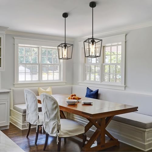 Image of 2 Pack 1-Light Black Pendant Lights for Kitchen Island, Farmhouse Metal Pendant Light Iron Cage Hanging Light Fixtures with Clear Glass Shade for Dining Room, Entryway, Hallway, Foyer