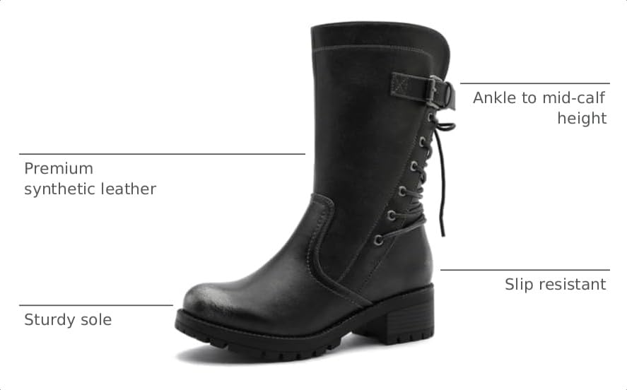Image of GLOBALWIN Women's Biker Boots Lace up Back Mid Calf Motorcycle Fashion Festival Boots Combat Riding Military Boots for Women