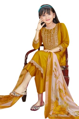 Image of Girls Ethnic Outfit | Embroidered Silk Girls Salwar Suit | Kurta Pant and Jacquard Dupatta Set