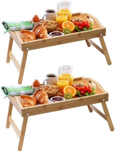 BAMBITION 2 Pack Bed Tray Tables, Bamboo Breakfast Serving Trays with Folding Legs and Handles, Wood Lap Tray Table for Eating on Couch