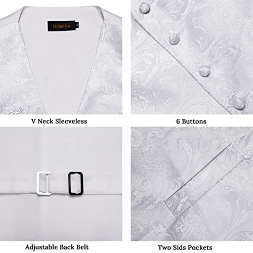 Image of DiBanGu Mens Paisley Suit Waistcoat,Silk Dress Vest and Bowtie Pocket Square Cufflinks with Lapel Pin Set for Wedding Tuxedo, White, X-Large