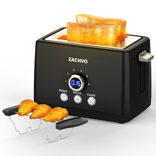 Toaster 2 Slice - ZACHVO Toaster with LCD Countdown Timer, 6 Browning Setting - 850W Bread Toaster with Warming Rack and Removable Crumb Tray - High Lift, Reheat, Defrost, Cancel Function