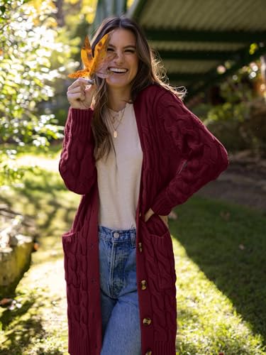 Image of PRETTYGARDEN Long Sleeve Cable Knit Long Cardigan for Women 2026 Spring Winter Chunky Open Front Button Sweaters with Pockets