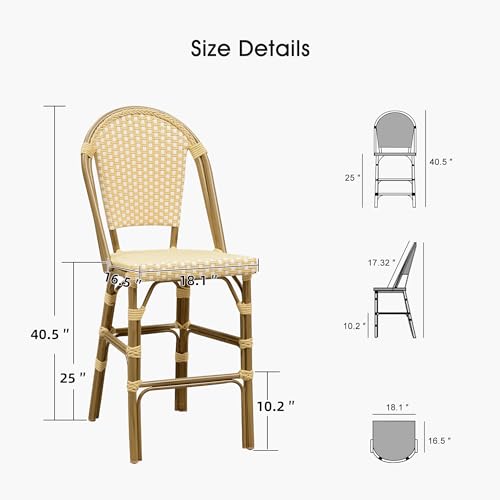 Image of PURPLE LEAF French Counter Height Bar Stool Set of 2 25 inch Bamboo Print Finish Patio Bar Chairs with Back Rattan Bar Chairs French Bistro Set for Kitchen Outdoor Counter Stool Cream Yellow