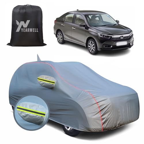 Image of Car Body Cover for Honda Amaze (2018-2023), 100% Waterproof, Heat-Resistant with Mirror & Antenna Pockets, Soft Cotton Lining, Triple Stitched, Green Reflector (Metallic Grey)