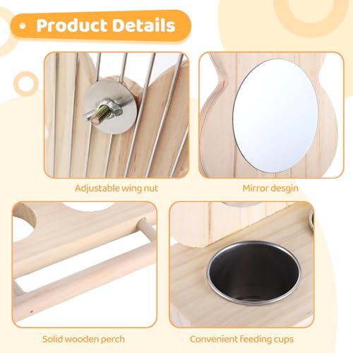 Image of Parrot Bird Perch with Mirror and Feeding Cups, Wooden Parrot Mirror Toy for Bird Cage, Bird Food Water Feeder Perch for Budgie Parakeet Lovebird African Grey Macaw Cockatiels