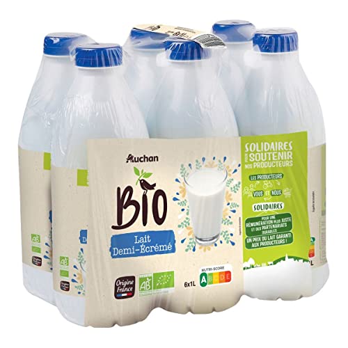 AUCHAN Lait demi-écrémé équitable UHT bio 6 x 1 L