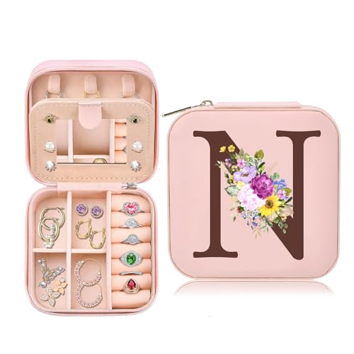 Toozen Initial Jewellery Box Girls Ladies, Personalised Gift for Women, Small Travel Jewellery Box with Mirror, Gift for Birthday, Mother's Day, Wedding (Pink, N)