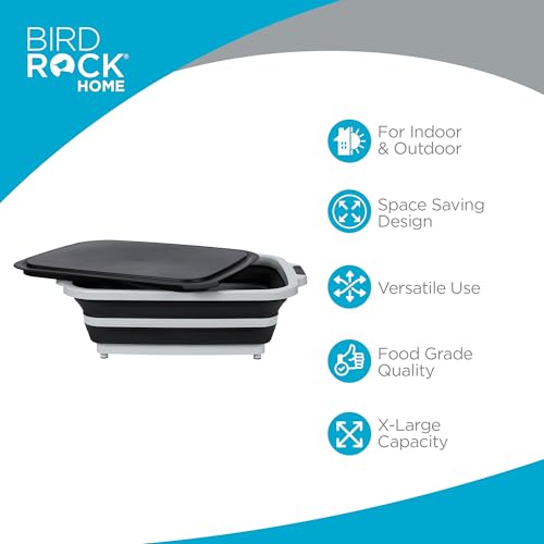 BIRDROCK HOME Collapsible XL BBQ Prep Tub w/Cutting Board, Multi-Function Grill Caddy w/Colander & Lid, Portable Silicone Dish Bowl for Picnic, Tailgate, Camping - Black