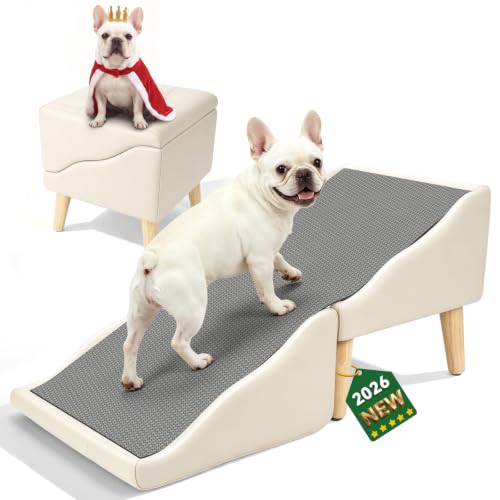 Image of Dog Stairs for Small Dogs 16 inch H, Foldable 2-in-1 Ottoman Dog Ramp for Couch | 2026 New Non-Slip Pet Steps, Pet Ramp Stairs for Small, Puppy, Senior and Injured Dogs (Beige)