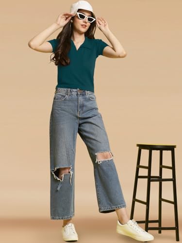 Image of Pinkmint Women's Solid Cotton Collar Neck Top ll Lycra Crop Tank T-Shirt ll Korean Trendy Half Sleeve ll Stylish Collared T-Shirt (Pack of 1)
