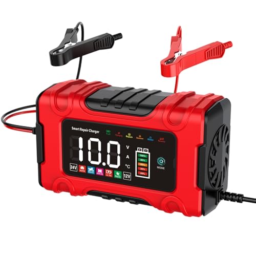 BTCETHBNB Car Battery Charger, 12V/10A 24V/5A, Compatible Automotive Smart Portable Lead Acid Battery/LiFePO4 Charger Pulse Repair Trickle Charger for Car,Truck，Motorcycle, Lawn Mower,Boat,LED Touch
