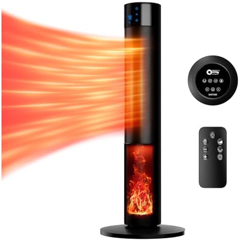 Portable 1500W Space Heater with Fireplace,70° Oscillating PTC Ceramic Tower Heater, 33.5in Adjustable Thermostat Tower Heater,Overheating and Tip-Over Protection Fast Heating,Remote for Indoor Cover
