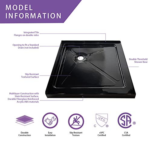 Ckb 36 In. D X 36 In. W X 3-1/2 In. H Corner Drain Shower Base Double Threshold Neo-Angle, Nonslip,Black #TOP2