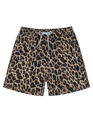 COOLOYA Mens Striped Swim Trunks Bathing Suits Quick Dry Board Shorts Mesh Lining Beach Swimwear with Pockets Khaki Leopard Cheetah M