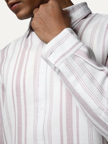 Image of Urbano Fashion Men's Cotton Full Sleeve Relaxed Fit Linen Striped Shirt with Spread Collar