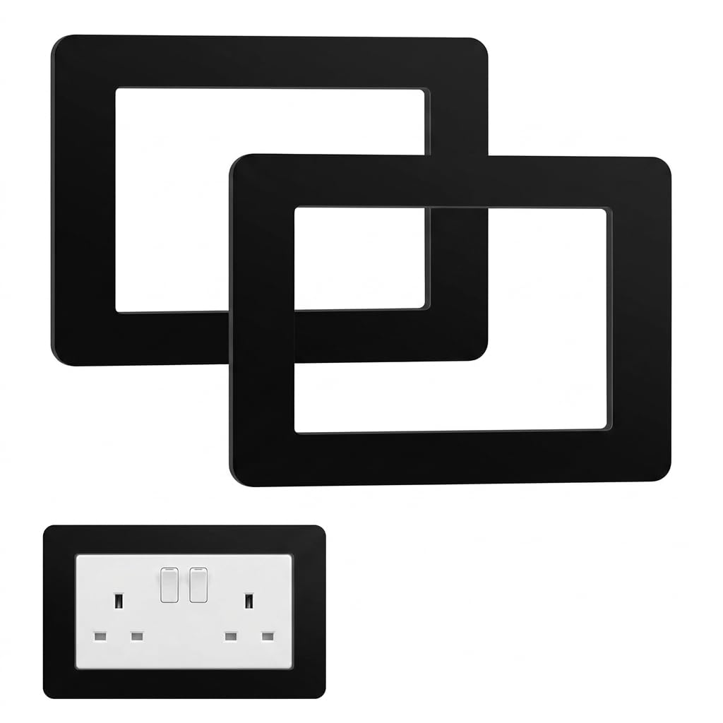 2-Pack Socket Surround Plates, Double Socket Surround for Modern Home Upgrades, Conceal Wall Imperfections Around Switches, Black Acrylic Light Switch Surround Cover 9x17.5 cm