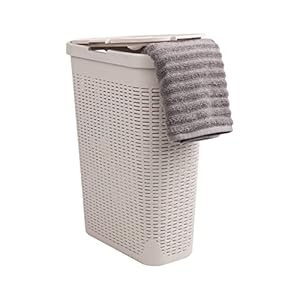 Mind Reader 40L Slim Laundry Hamper, Clothes Basket, Lid, Wicker Design, Plastic, 18″L x 10.4″W x 23.5″H, Ivory