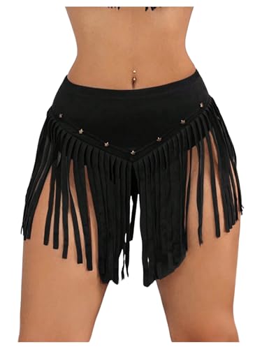 OYOANGLE Women's Beaded Fringe Trim Mini Skirt Suede Low Waist Flared Cowgirl Short Skirts