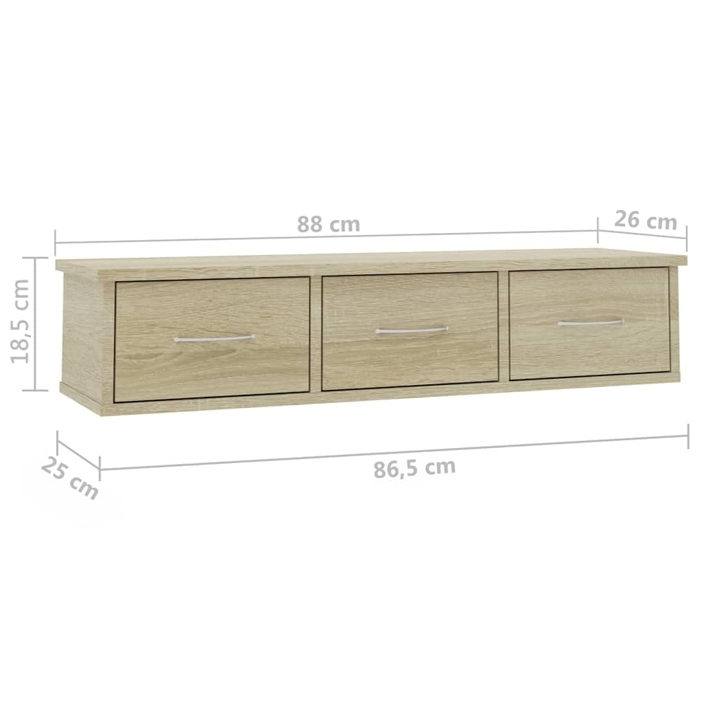 Estantería de pared con 3 cajones, roble Sonoma, madera, 88 x 26