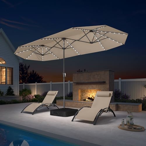 Image of PURPLE LEAF Patio Umbrella 13ft with Base and Solar Lights Outdoor, Khaki