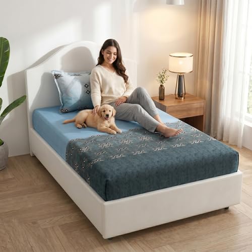 Image of Mafatlal 186 TC Autumn Delight Graceful Pure Cotton Single Flatsheet (60 x 90 Inch) | Breathable Summer Comfort | Wrinkle-Free Floral Bedsheet with 1 Pillow Cover, Elegant Blue
