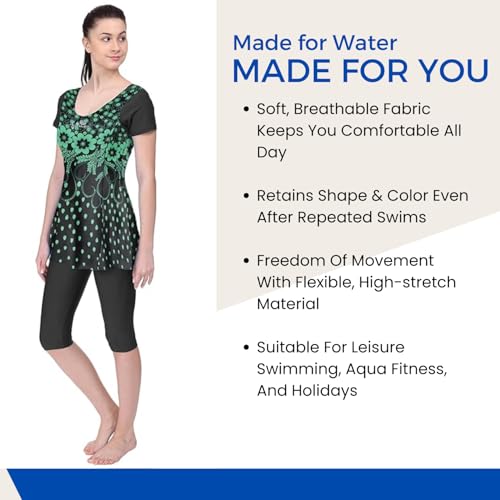 Image of Originals Swimming Costume for Women's One-Piece Beach Wear with Sleeve & Skirted 3 /4 Leggings Maximum Covered Swim Wear Dress (L - 7XL)