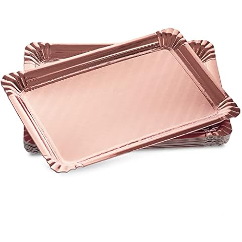 Rose Gold Serving Trays 9 x 13 -12 Pack - Disposable Rectangle Cookie Tray Sturdy Paper Cardboard. Serving Platters for Dessert Food Safe, Non Toxic. Great for Birthday Party, Wedding Cover