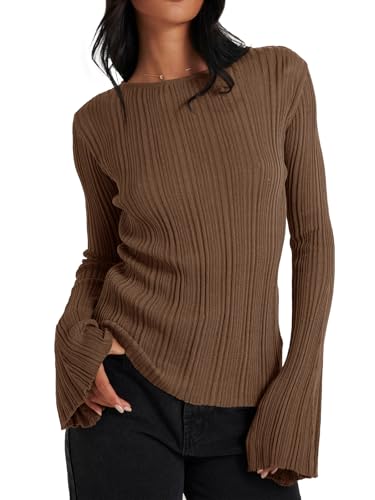 Image of Cicy Bell Womens Bell Long Sleeve Tops Going Out Knitted Fall Pullover Lightweight Sweater Shirts