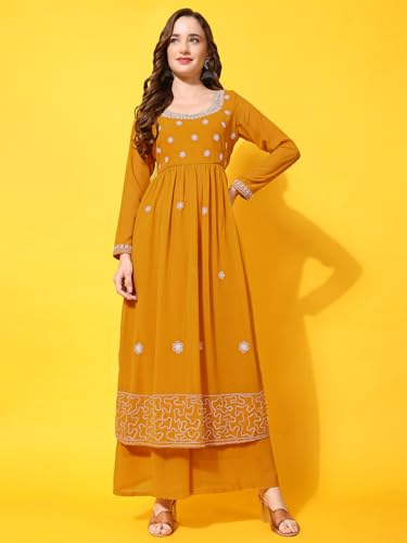 Image of PH POSHAKHUB Women A-Line Nyra Cut Kurta with Sharara in Georgette with Aari Work