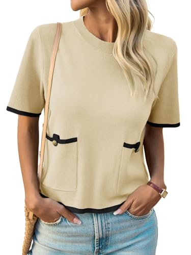 Image of Saodimallsu Women's Short Sleeve Color Block Crew Neck Sweater