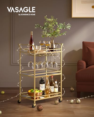 Image of VASAGLE Bar Cart Gold, Large Home Bar Serving Cart with 3-Tier