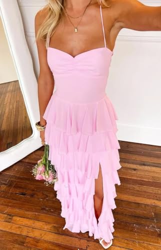 RSOETOO Chiffon Bridesmaid Dresses Long Spaghetti Straps Tiered A-Line Formal Evening Party Gowns with Slit RO3643