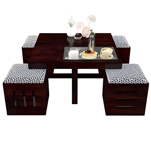 Image of Loonart Solid Sheesham Wood Coffee Table With Four Cushioned Stools | Idel For Living Room | Cafe | Restaurant | Space Saving Indoor Table Set | Finish Color - Mahogany Finish | White & Blue Cushion |