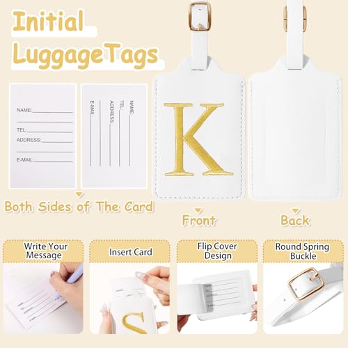 Image of Personalized Initial Luggage Tags for Suitcases, Cute PU Leather Embroidered Letter Travel Luggage Tags, Suitcase Identifier Name Baggage Tag, Bag Tags for Men Women Kids Luggage Handbags(White K)