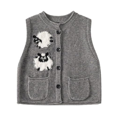 Children's Tops Button Up Cardigan Sweater Sleeveless Vests Round-Neck Embroidery Cute Knitted Autumn Coat Outwear (Grey,6 Months)