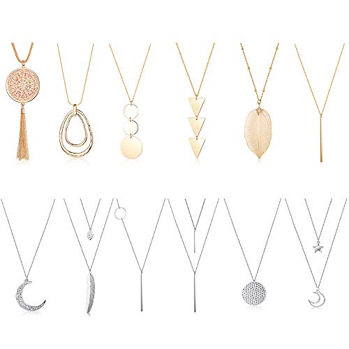 Finrezio 12PCS Long Pendant Necklace Set Tassel Pendant Bar Circle Leaf Y Necklace Arrow Statement Necklace for Women